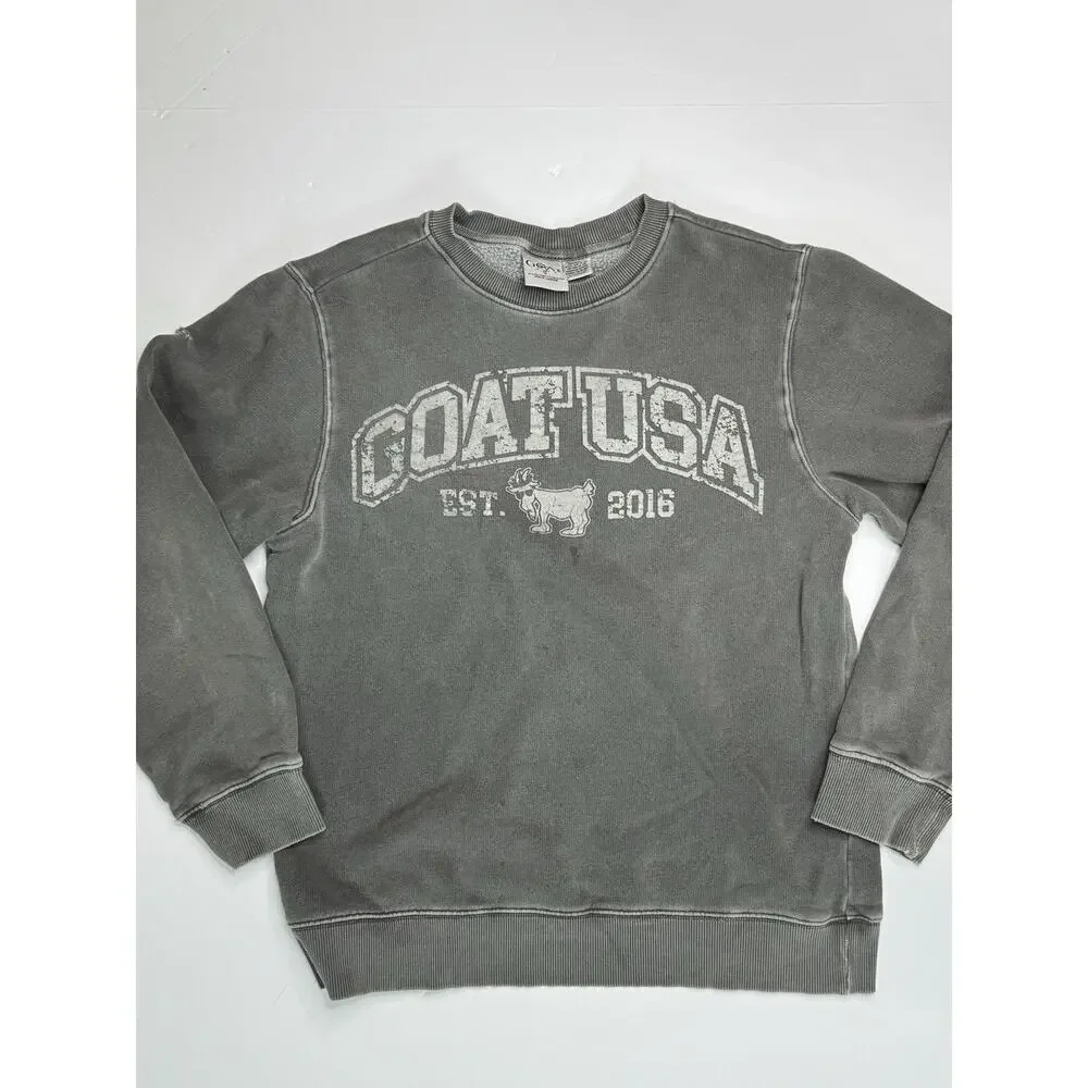 GOAT USA Linden Crewneck Sweatshirt Adult S Gray Vintage Wash Logo Distressed